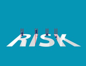 青い背景にRISKという文字の中に赤いハシゴがかけられている